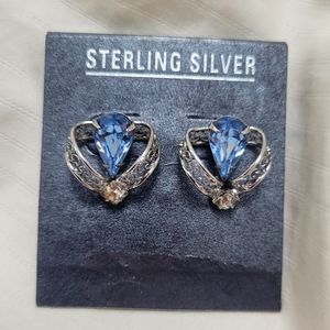 Sterling Silver Filigree Art Deco Style Blue Rhinestone Earrings